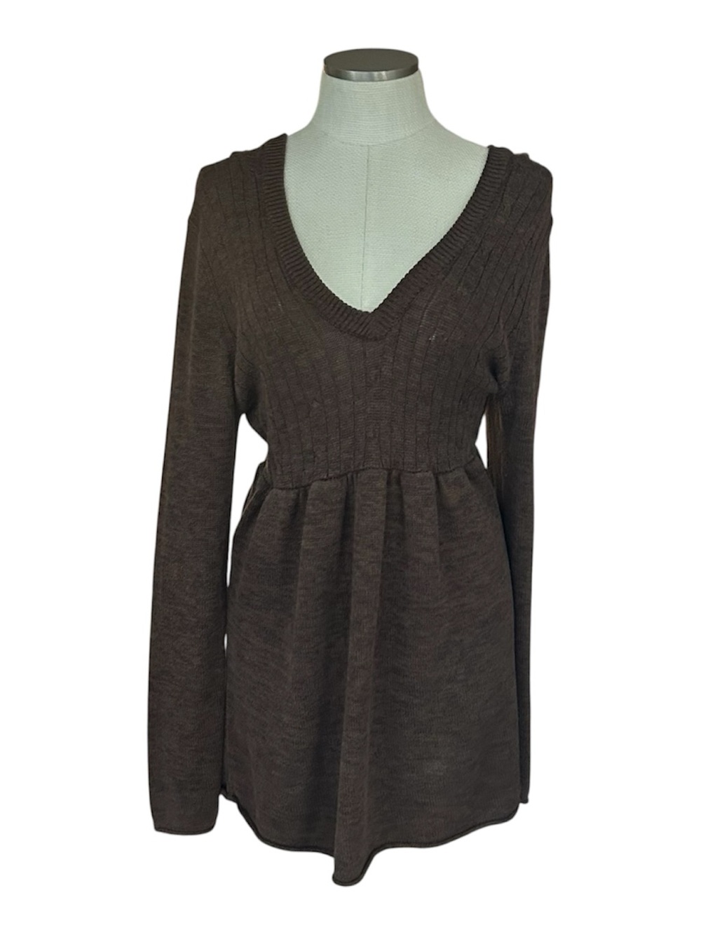 Y2K Vintage Roxy Babydoll Sweater Dress Brown Knit V-Neck 2000s Boho w/ Hood